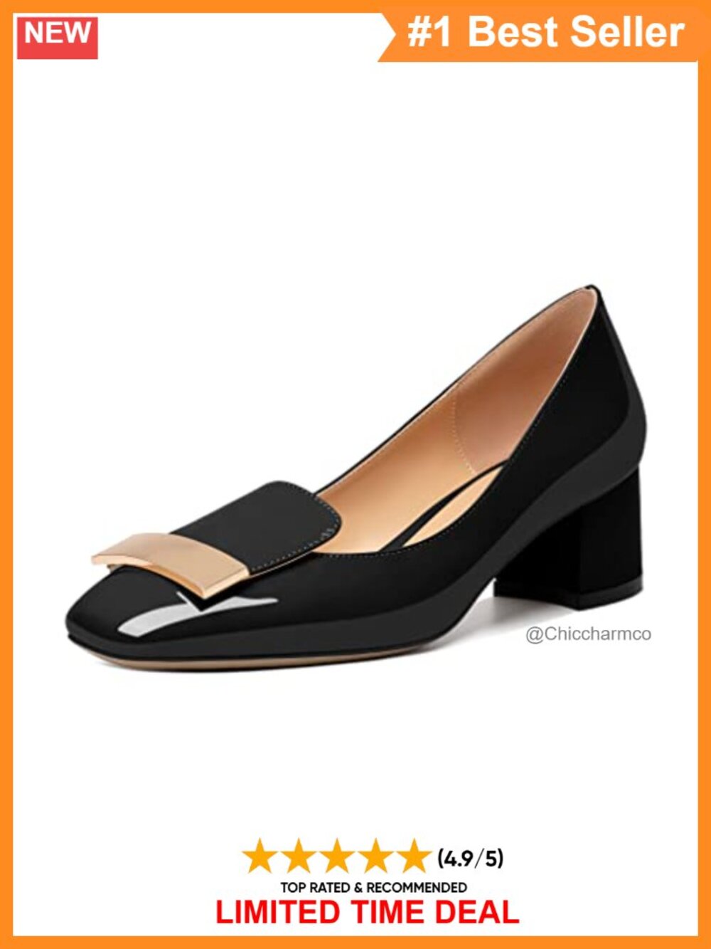 Womens Low Chunky Heel Square Toe Slip On Pumps Gold Buckle